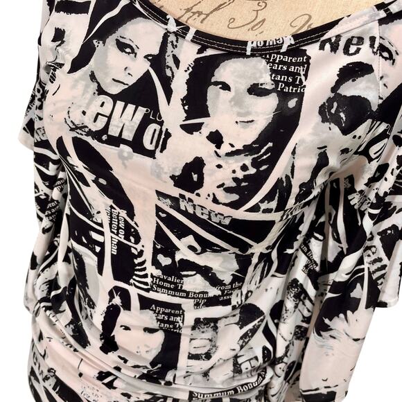 Vintage Y2K Gold Flava Slinky Newspaper Print Batwing Top Black White Size Small - Picture 3 of 8